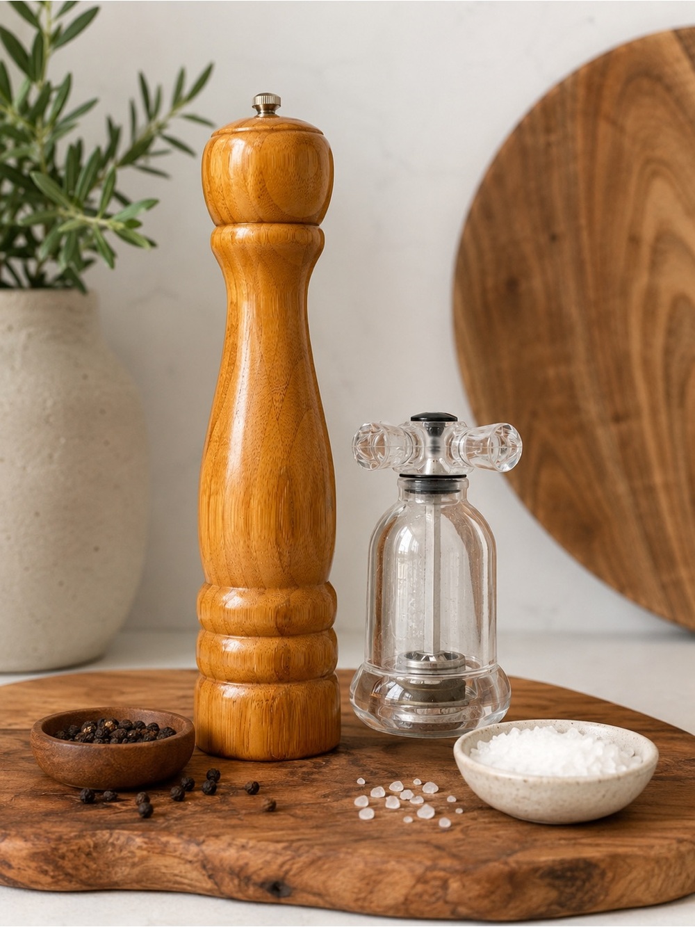 Vintage William Bounds Wood Pepper Mill & Cole Mason Acrylic Grinder Set